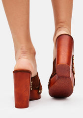 Steve Madden Emiko Metallic Detail Stacked Wood Platform Wedge Slide Sandals Brown Suede