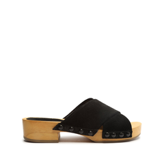 Schutz Jett Black Suede Open Toe Slip On Cross Strap Wooden Block Heeled Sandals