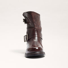 Sam Edelman Lulah Dark Brown Leather Buckle Detailed Rounded Toe Ankle Boots