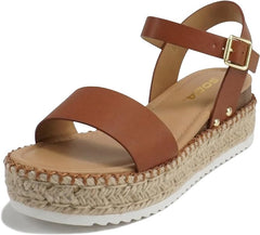 Soda Clip Tan Pu (Whipped Stitch) Open Toe Ankle Strap Espadrille Sandals