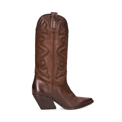 Steve Madden West Brown Leather Midcalf Western Details Block Heel Pull On Boots