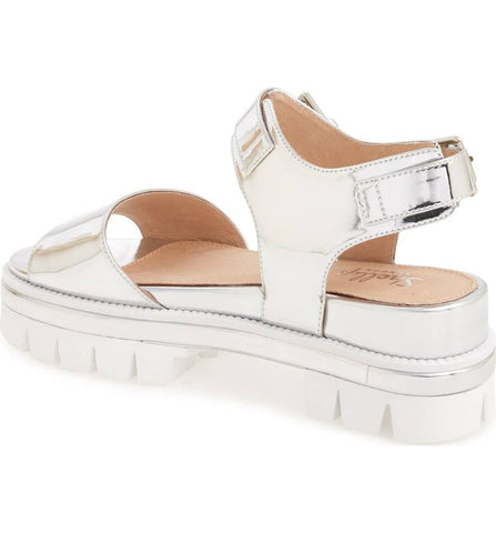 Shellys London Dita Silver Lugged Platform Two Strap Metallic Retro Sandals