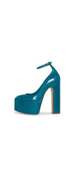 Steve Madden Platform Pump Skyrise Teal Patent Block Heel Toe Ankle Strap Pumps