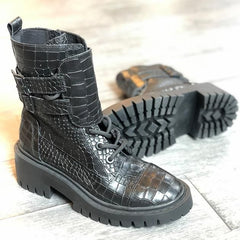 Kelsi Dagger Brooklyn Northern Black Embossed Leather Lace-up Combat Ankle Boots