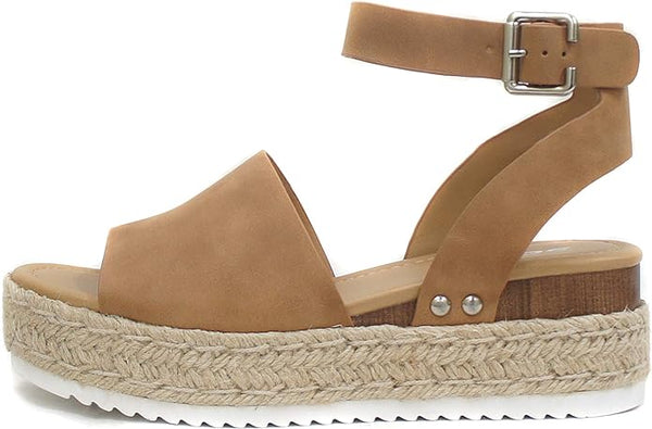 Soda Topic Tan Nubuck Espadrilles Ankle Strap Studded Open Toe Wedge Heel Sandal