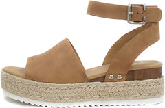 Soda Topic Tan Nubuck Espadrilles Ankle Strap Studded Open Toe Wedge Heel Sandal