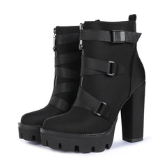 wetkiss Black Platform Combat Boots Chunky Heel Round Toe Lace Up Ankle Boot