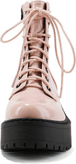 Soda Fling Blush Crk Patent Lace Up Chunky Lug Sole Round Toe Combat Ankle Boots