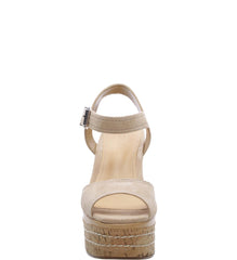 Schutz Muna Amber Light Nude Suede Cork Lined Stitched Wedge Platform Sandals