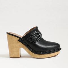 Sam Edelman Nyla Black Leather Rounded Toe Slip On Block Heel Clog Mules
