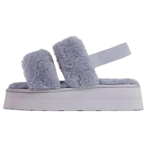 Luxemoda Tata Fluffy Stripe Platform Slip On Open Toe Faux Fur Slippers