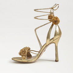 Sam Edelman Leela Gold Leather Squared Open Toe Tie Up Stiletto Heeled Sandals