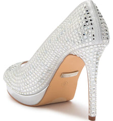 Lauren Lorraine Candie-12 Silver Crystal Embellished Peep Toe Platform Formal Pumps