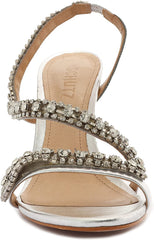 Schutz Court Prata Metallic Crystal Studs Pull On Open Toe Stiletto Heel Sandals