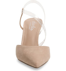 Charles David Alda Nude-Clear Pointed Toe Ankle Strap Padded Footbed Fabric Pump