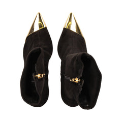 Schutz Luh Black Stretch Suede Gold Pointed Toe Stiletto Heel Fitted Ankle Boots