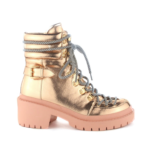 Cape Robbin Summit Rose Gold Lace Up Platform Block Heeled Fashion Rocker Boot