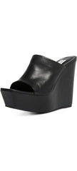 Steve Madden Barona Black Leather Slip On Open Squared Toe Wedges Heeled Sandals