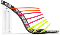 Cape Robbin Fia Neon Multi Strappy Open Toe Chunky Clear Heel Mule Pumps Sandals