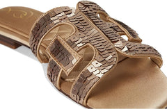 Sam Edelman Bay Molten Gold Sequin Round Open Toe Slip On Leather Strap Sandals