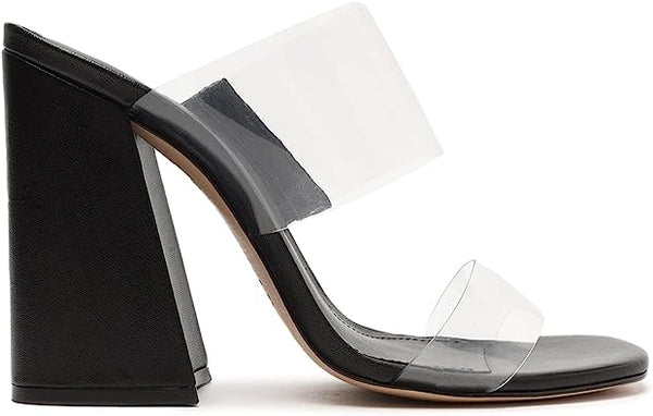 Schutz Victorie Black Clear Straps Slip On Open Toe Block Heeled Sandals