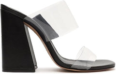 Schutz Victorie Black Clear Straps Slip On Open Toe Block Heeled Sandals