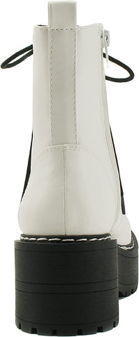 Soda Fling White Pu Lace Up Chunky Lug Sole Rounded Toe Wide Combat Ankle Boots