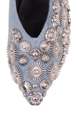 Jeffrey Campbell Carla-Embellished Blue Denim Silver Pointed Kitten Heeled Pumps