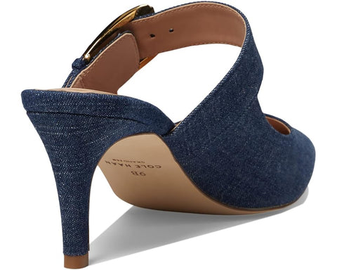 Cole Haan Vandam Buckle Denim Leather Pointed Toe Kitten Heeled Dress Pumps