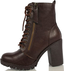 SODA Malia Brown Round Toe Stacked Lug Heel Lace Up Ankle Combat Booties