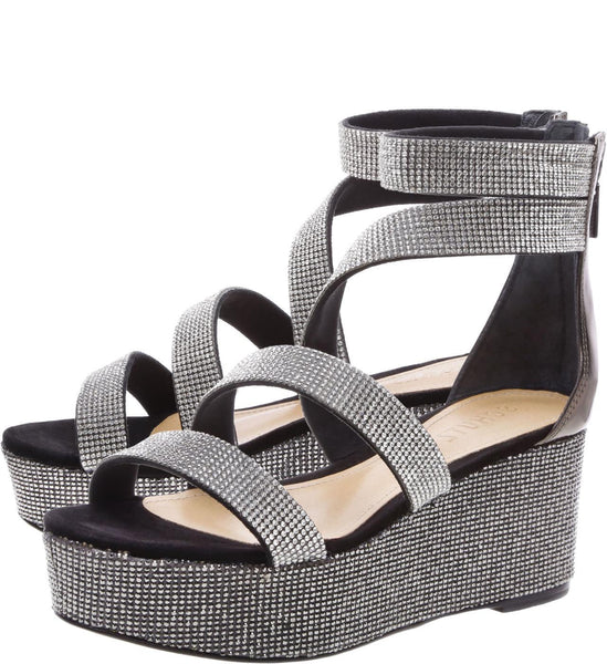 Schutz Gavvas Black Pewter Metallic Crystal Embellished Strap Wedge Sandal