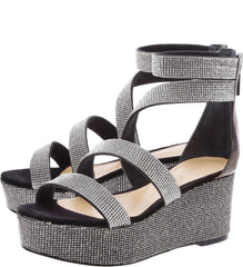 Schutz Gavvas Black Pewter Metallic Crystal Embellished Strap Wedge Sandal