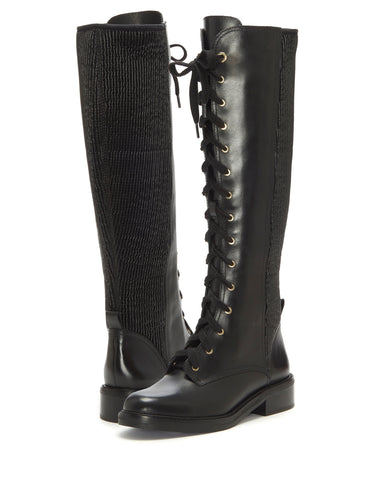 Louise et Cie Voshell Black Leather Tall Lace-Up Round Toe Combat Knee High Boots