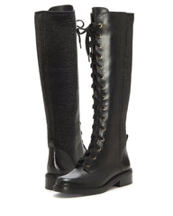 Louise et Cie Voshell Black Leather Tall Lace-Up Round Toe Combat Knee High Boots