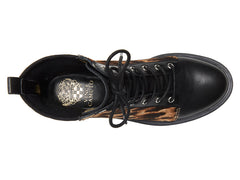 Vince Camuto Bestenda Black Leopard Leather Lace Up Moto Lug Sole Combat Boots