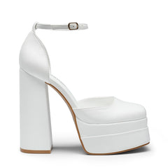Dream Pairs High Chunky White Fashion Square Toe Ankle Strap Platform Pumps