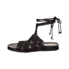 Sam Edelman Nicolette Black Rounded Open Toe Tie Up Strappy Flats Sandals