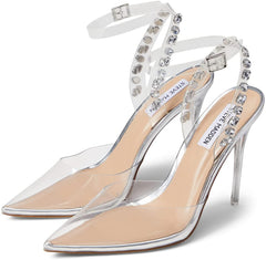 Steve Madden Vary Clear Embellished Ankle Strap Pointed Toe Stiletto Pump