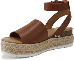 Soda Topic Cognac Pu Espadrille Platform Ankle Strap Studded Platform Sandals