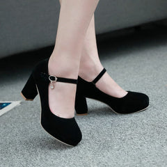 KISSASA Womens Faux Suede Platform Mary Jane Heels Round Toe Block Heeled Ankle Strap Pumps