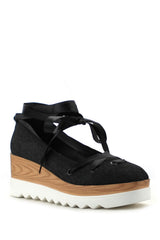 Cape Robbin Fara-5 Tie Up Wedge Platform Black Denim Sandal Pumps White Sole