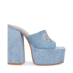 Steve Madden Tricks Denim Multi Block Heel Squared Toe Slip On Platform Sandals
