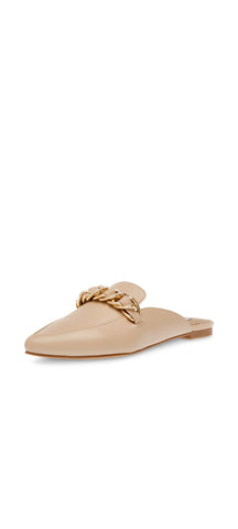 Steve Madden Faine Natural Leather Pointed Toe Slip On Chain Detail Flats Mules