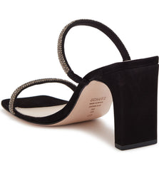 Schutz Salwa Black Suede Rhinestone Open Toe Thin Strap Mid Heel Mule Sandals