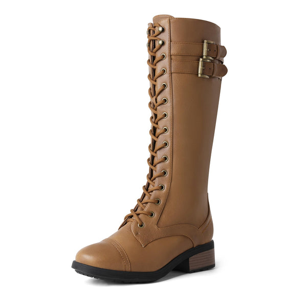 DREAM PAIRS Georgia Camel Pu Fashion Zipper Knee High Riding Combat Boots 10