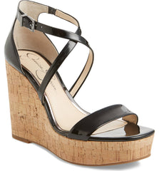 Jessica Simpson STASSI Black Patent Leather Platform Wedge Open Toe Sandals