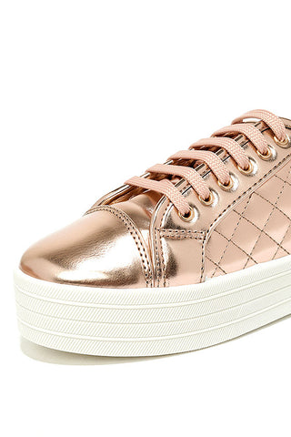 Breckelles Cyber-06 Rose Gold Quilted Flatform Mettalic Lace Up Platform Sneakers
