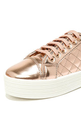 Breckelles Cyber-06 Rose Gold Quilted Flatform Mettalic Lace Up Platform Sneakers