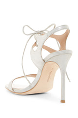 Pour La Victoire Elisa Ankle Strap Open Toe Stiletto Heel Leather Silver Sandal