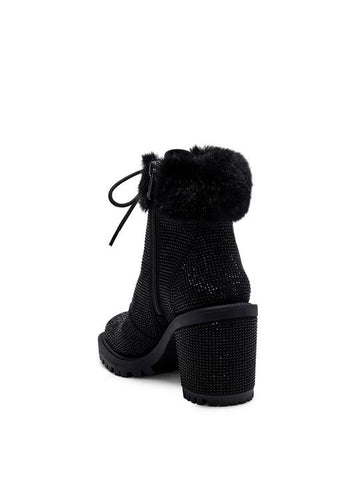 Jessica Simpson Deliah Fur Cuff Rhinestone Lace-Up Lug Sole Combat Bootie Black
